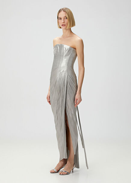 Layana Silver Maksi İpek Abiye Elbise