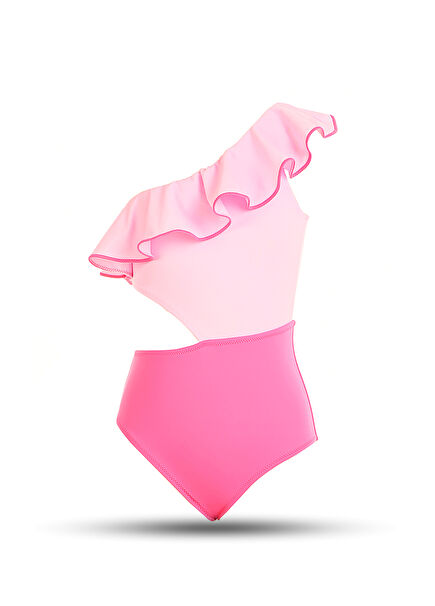 Colorful Ruffled Cut-Out Detailed One Shoulder Girls' Swimsuit