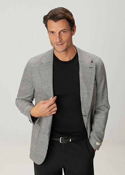 Black Plaid Patterned Wool Jacket
