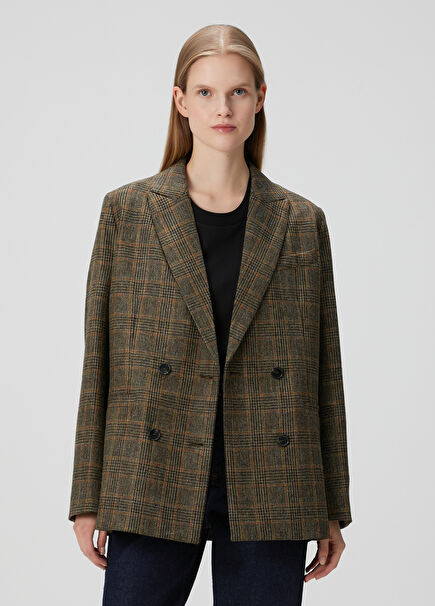 Kahverengi Ekoseli Kruvaze Yün Blazer