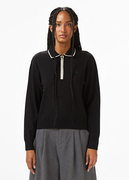 Siyah Classic Fit Polo Yaka Kadın Kazak