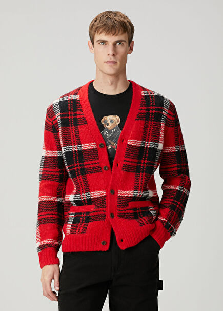 Kırmızı Ekose Desenli Yün Triko Hırka