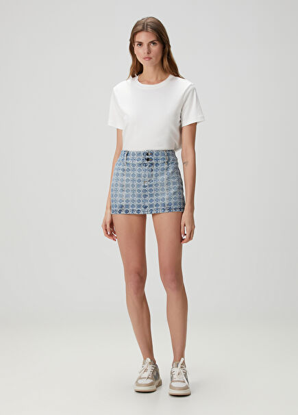 Blue Patterned Mini Denim Skirt