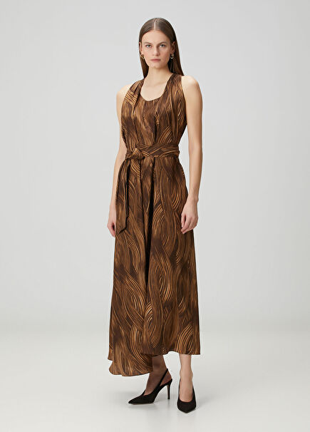 Garas Camel Patterned Midi Silk Dress