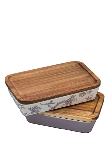 Monplaisir Porcelain Rectangular 2-Piece Storage Container Set with Wooden Lid