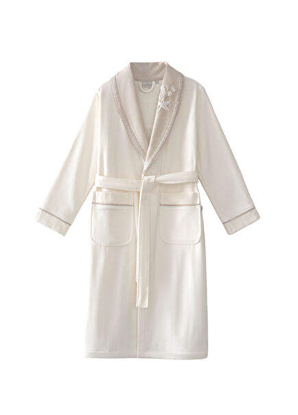 Ayliz %100 Organik Pamuk Pamuk-Keten El Nakışlı Krem Kadın Bornoz