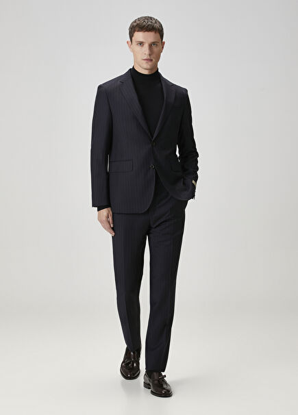 Navy Blue Stripe Patterned Wool Suit