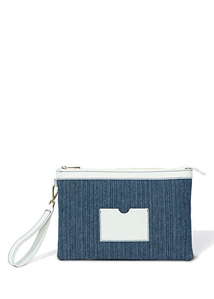 Stitched Lacivert Çizgili Kırık Beyaz Kanvas Kadın Clutch Çanta