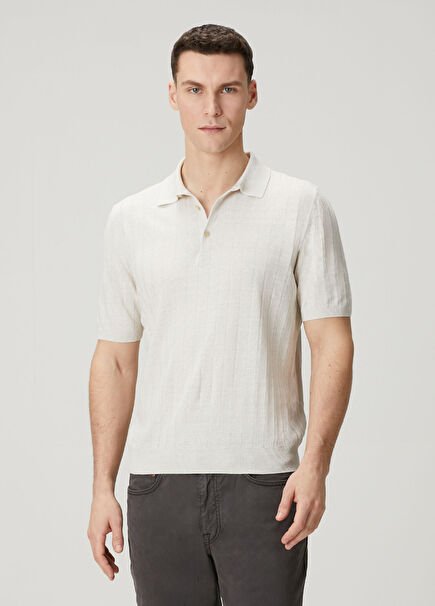 Açık Bej Polo Yaka Çizgi Dokulu Keten T-shirt