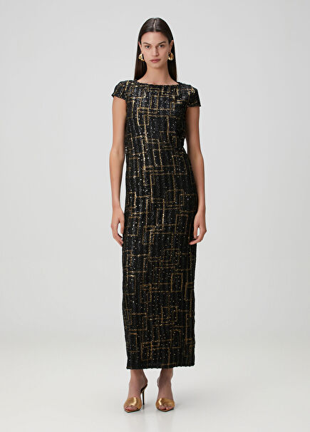 Siyah Payetli Maksi Abiye Elbise
