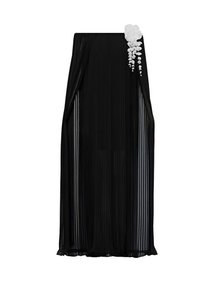 Çiçek Broşlu Siyah Şifon Kadın Uzun Pelerin Abiye Elbise