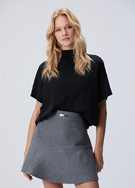 Black Stand-Up Collar Short Sleeve Ribbed Detailed