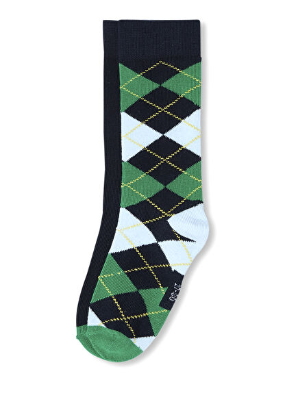Navy Blue Green Jacquard Boys 2-Pack High Socks