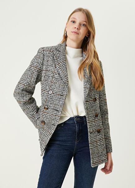 Gri Taba Ekose Desenli Blazer