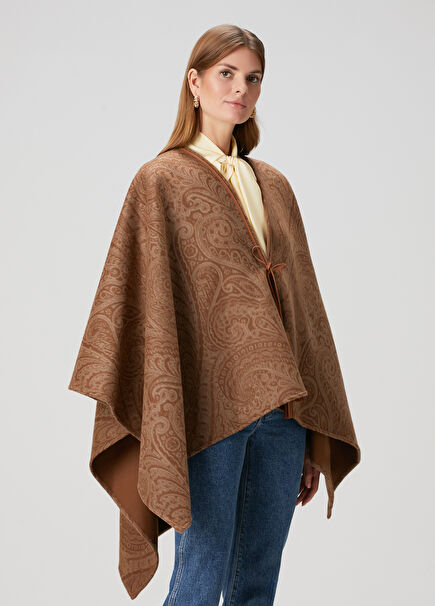 Kahverengi Şal Desenli Yün Pelerin