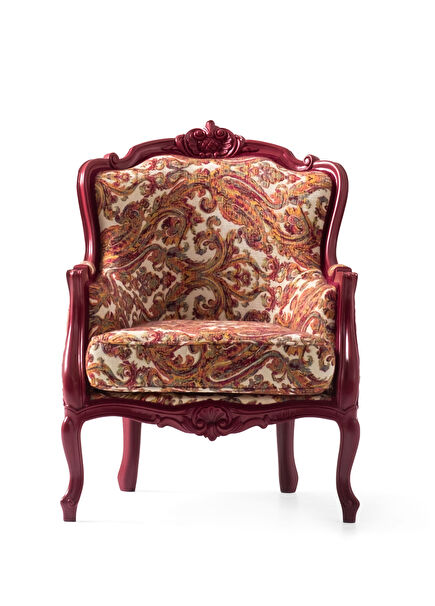 Barok Dokulu Kırmızı Ahşap Klasik Berjer