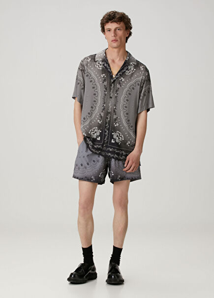 Gri Beli Kordonlu Ombre Şal Baskılı Mayo