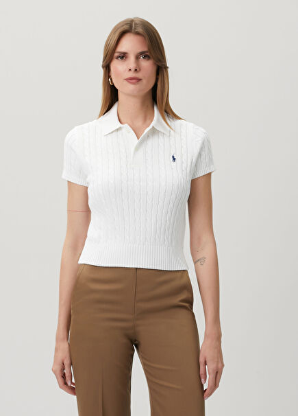 White Cable Knit Polo Sweater