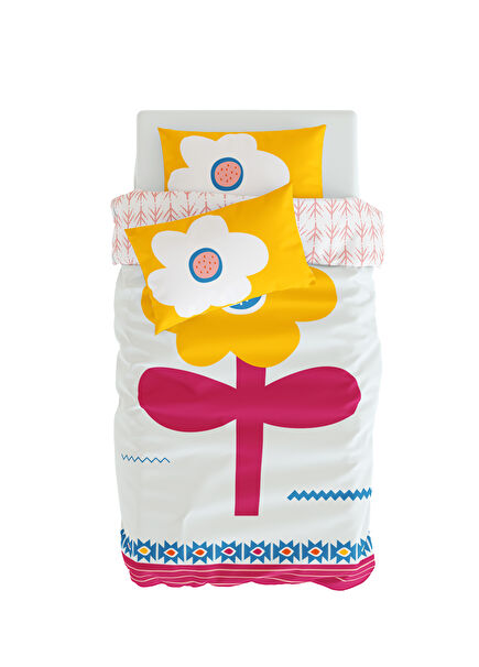 Big Flower Yellow Fuchsia Cotton Satin Baby Kids Duvet Cover Set 100 x 150 cm