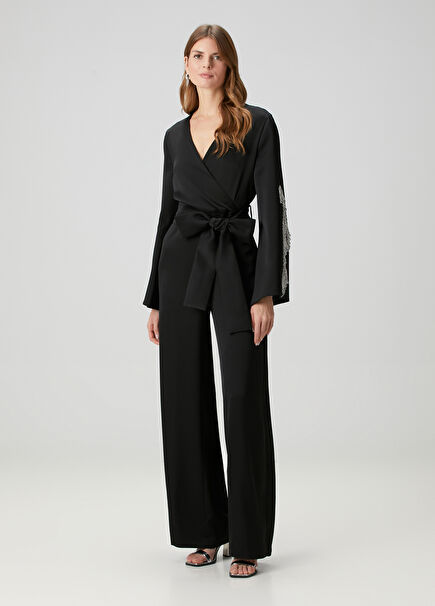 Black Embroidered Double Breasted Long Sleeve Women's Jumpsuit