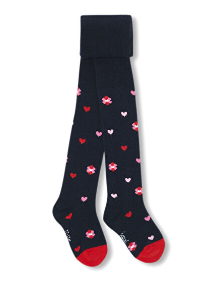 Navy Blue Floral Heart Pattern Soft Knit Baby Girl Pantyhose