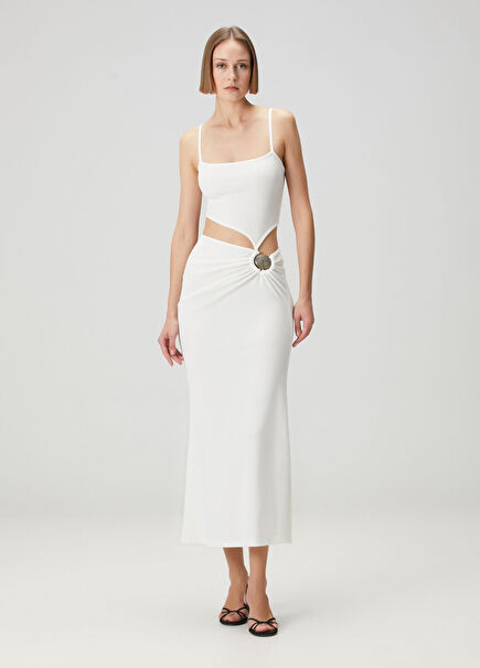 Beyaz Kesim Detaylı Midi Elbise