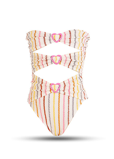 Colorful Cut-Out Design Heart Detailed Strapless Girls Swimsuit