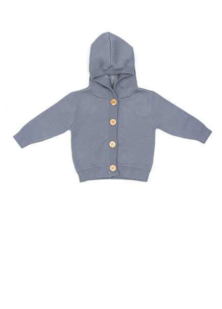 Hooded Patterned Organic Cotton Blue Kids Cardigan