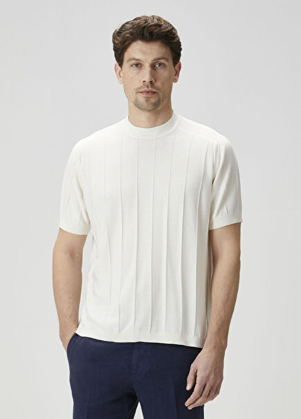 Beyaz Çizgi Dokulu İpek T-shirt