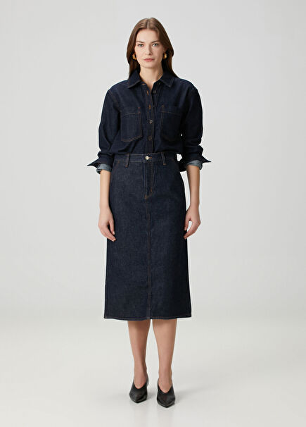 Koyu Lacivert Midi Denim Etek