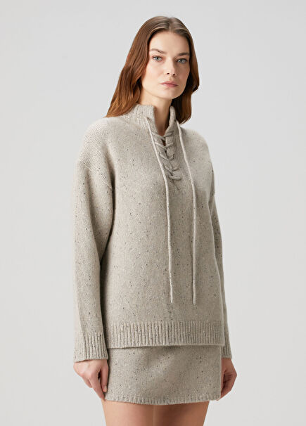 Beige Tie Detailed Wool Sweater