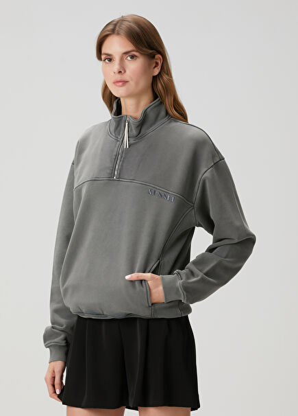 Gri Fermuarlı Sweatshirt