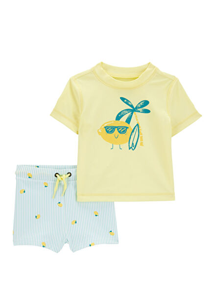 Renkli Kısa Kollu Erkek Bebek Güneş Koruyucu 2'li Mayo Set