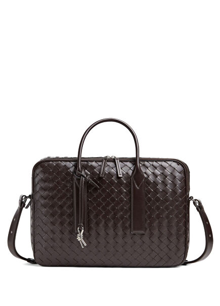 Brown Knit Textured Leather Briefcase