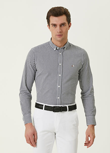 Slim Fit Lacivert Pötikare Desenli Gofreli Gömlek