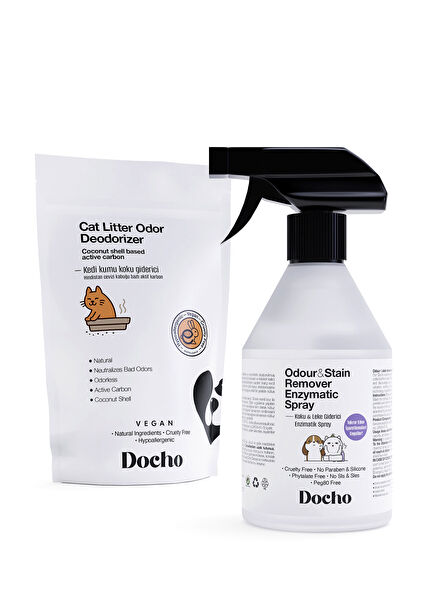 Kedi Kumu Koku Giderici Aktif Karbon 400 gr ve Koku ve Leke Çıkarıcı Enzimatik Sprey 500 ml Seti