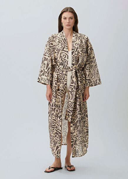 Kiremit Desenli Keten Kaftan