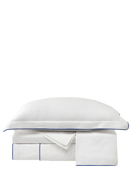 Navy Blue Piped White Cotton Sateen Double Duvet Set 200x220 cm