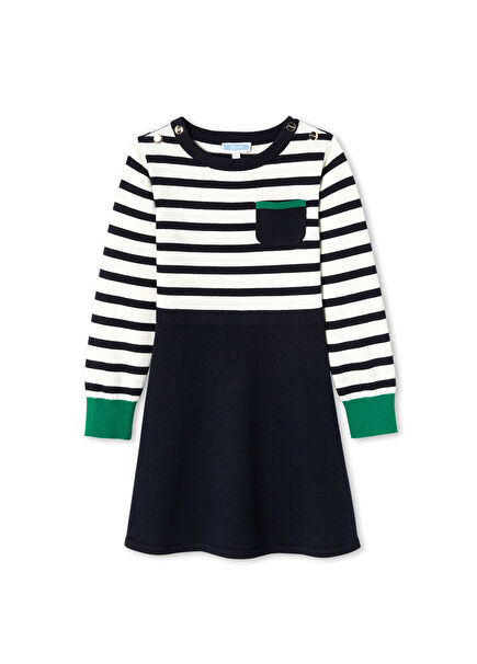 Lacivert Beyaz Çizgili Örgü Uzun Kollu Kız Çocuk 2'si 1 Arada Elbise