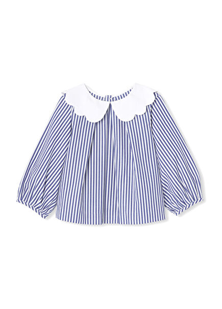 Lacivert Beyaz Çizgili Poplin Kız Bebek Bluz