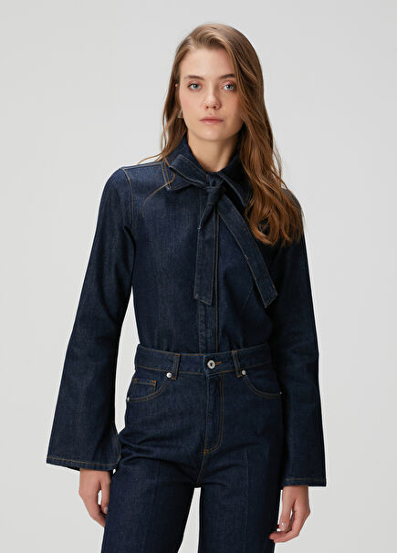 Lacivert Bağlama Detaylı Denim Gömlek