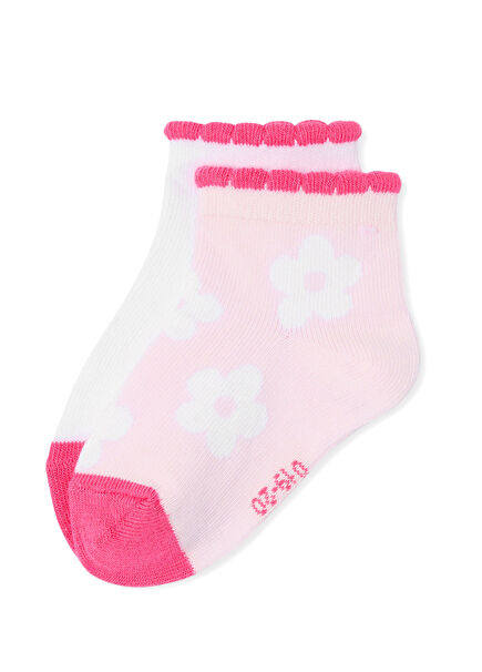 Pembe Beyaz Çiçek Desenli Kız Bebek 2'li Çorap Seti