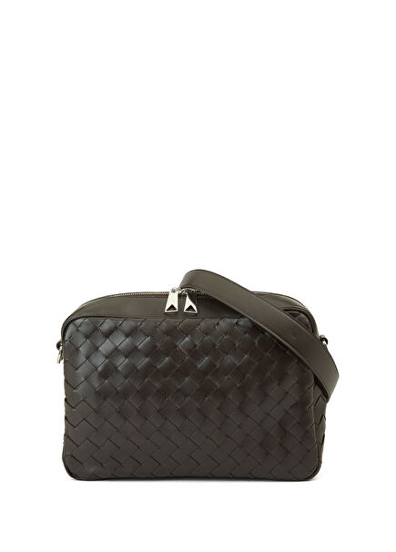 Brown Knit Textured Men's Leather Crossbody Bag