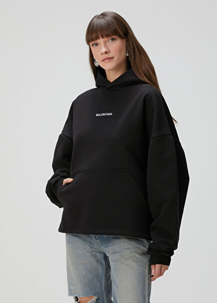 Siyah Kapüşonlu Logolu Sweatshirt
