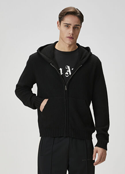 Curved Kırmızı Siyah Kapüşonlu Logo Jakarlı Triko