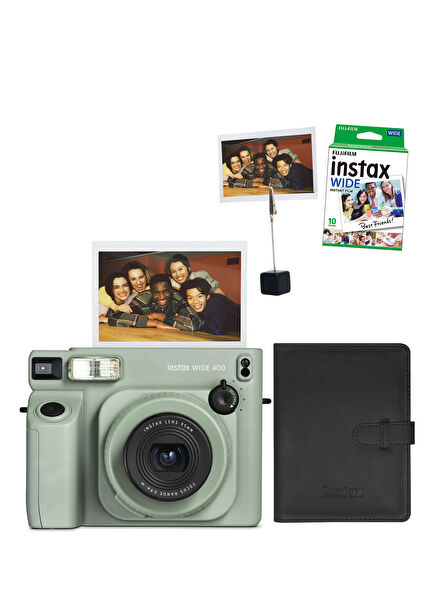 Instax Wide 400 Yeşil Fotoğraf Makinesi + 10'lu Film Kıskaç ve Deri Albüm Hediye Seti