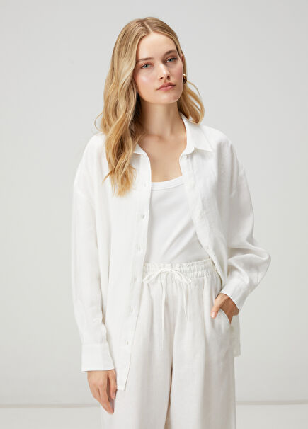 Kırık Beyaz Logolu Oversize Keten Gömlek