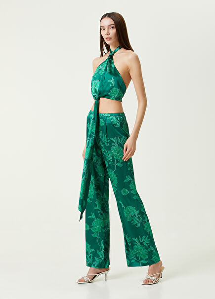 Yeşil Halter Yaka Çiçekli Crop İpek Bluz
