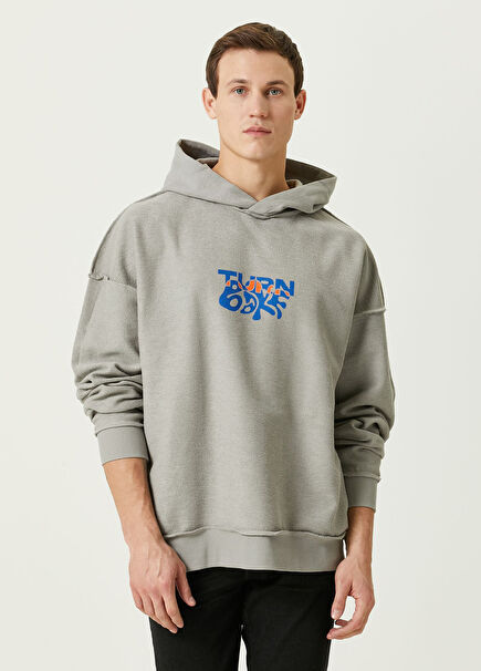Logo Grey Printed Men's Hooded Sweatshirt