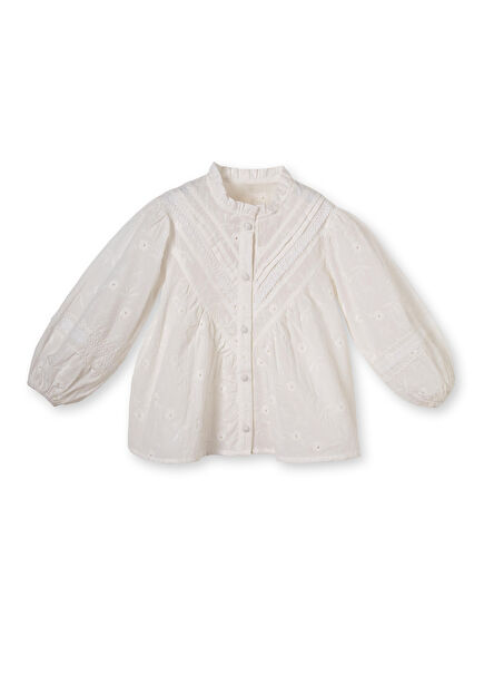 Beyaz Pamuklu Brodeli Nevürlü Kız Çocuk Gömlek